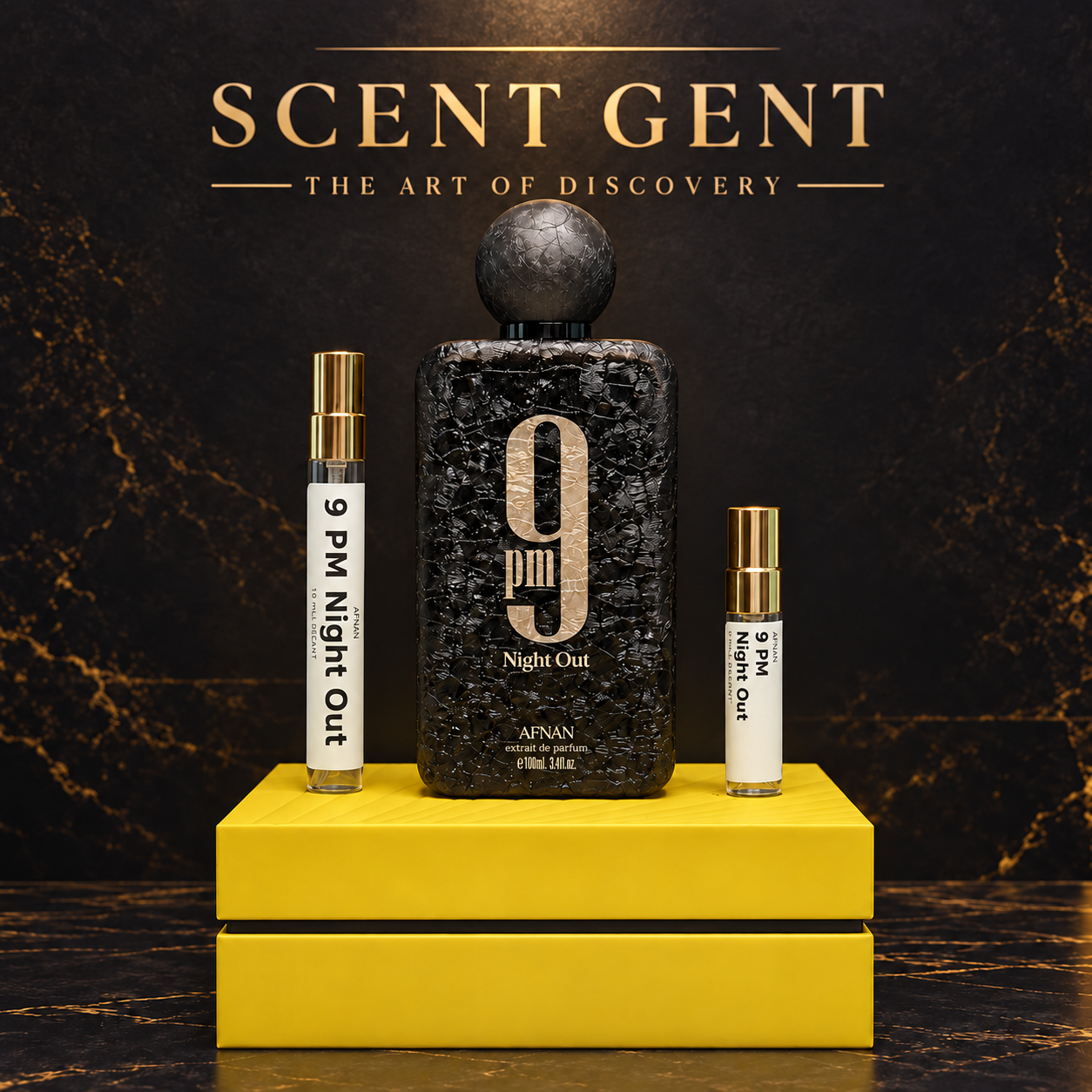 Afnan 9 PM Night Out with 5 mL and 10 mL decants