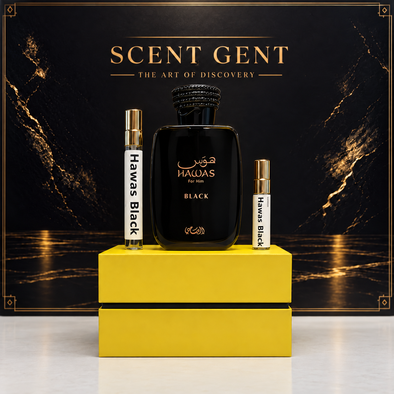 Rasasi Hawas Black with 5 mL and 10 mL decants